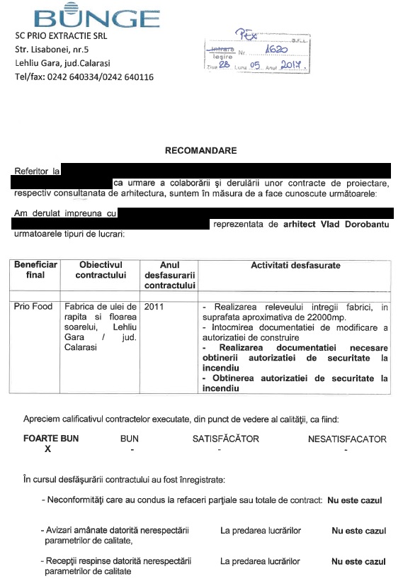 Recomandare servicii autorizatie ISU pentru hala productie si hala depozitare – Bunge - Lehliu Gara Calarasi